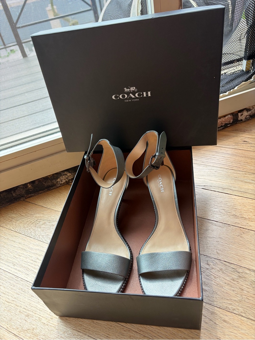 Coach Maude Metallic Soft Mill Gunmetal Leather Ankle-Strap Heels - Picture 7 of 10